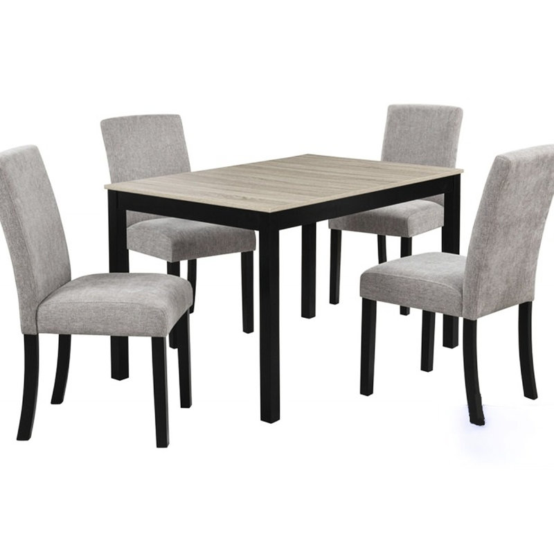 Table contemporaine de 5 pièces, table de 48 pouces, 4 chaises d'appoint rembourrées grises, pieds noirs élégants, mélange, design minimaliste, Scratch rectangulaire avec structure en tissu, plateau de table en chêne chaud, bois d'hévéa stable,