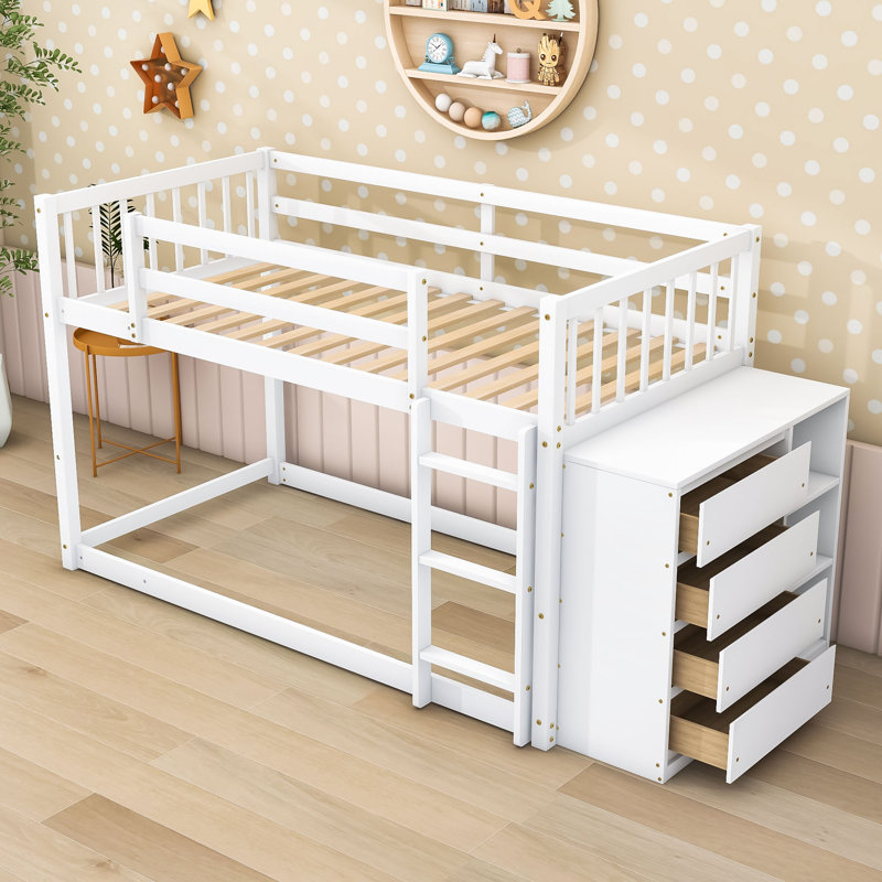 Lit superposé multifonctionnel en bois avec tiroirs et tablettes de rangement, Lit superposé simple sur simple, Blanc