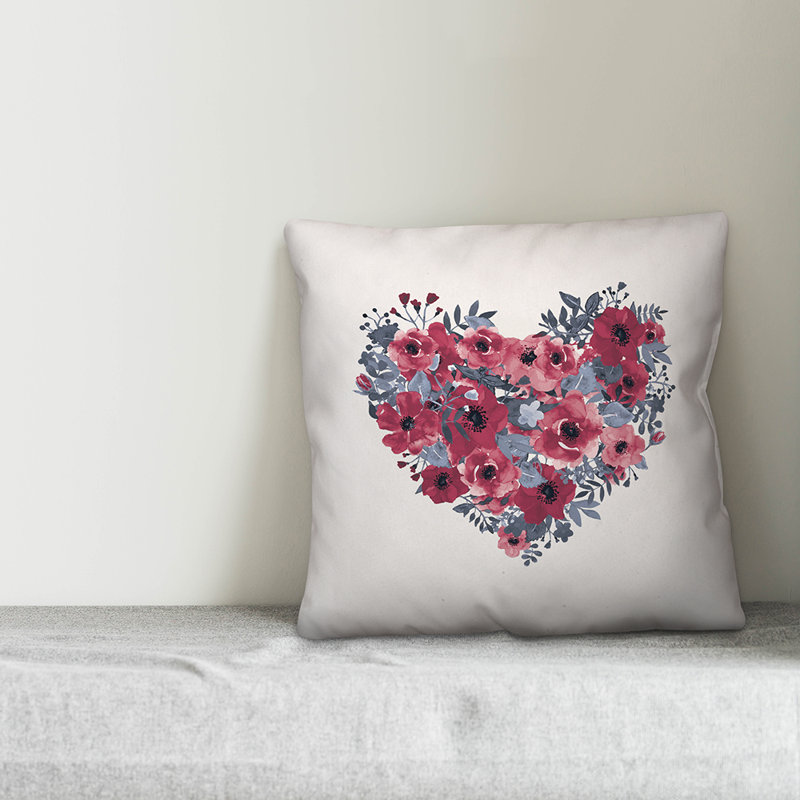 Floral Heart Floral Pillow Cover, 16" x 16"