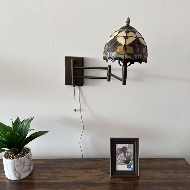 Tiffany Sconce Lamp Swing Arm Stained Glass Tulips Pull Chain Switch LED Bulb 13”W*8”D*15”H, Red/Yellow/Orange