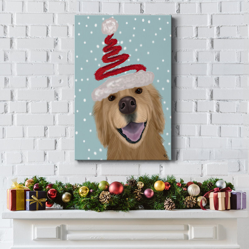 «Christmas Golden Retriever and Spring Santa Hat», toile tendue avec châssis, H 27 po x l 18 po x P 1,5 po