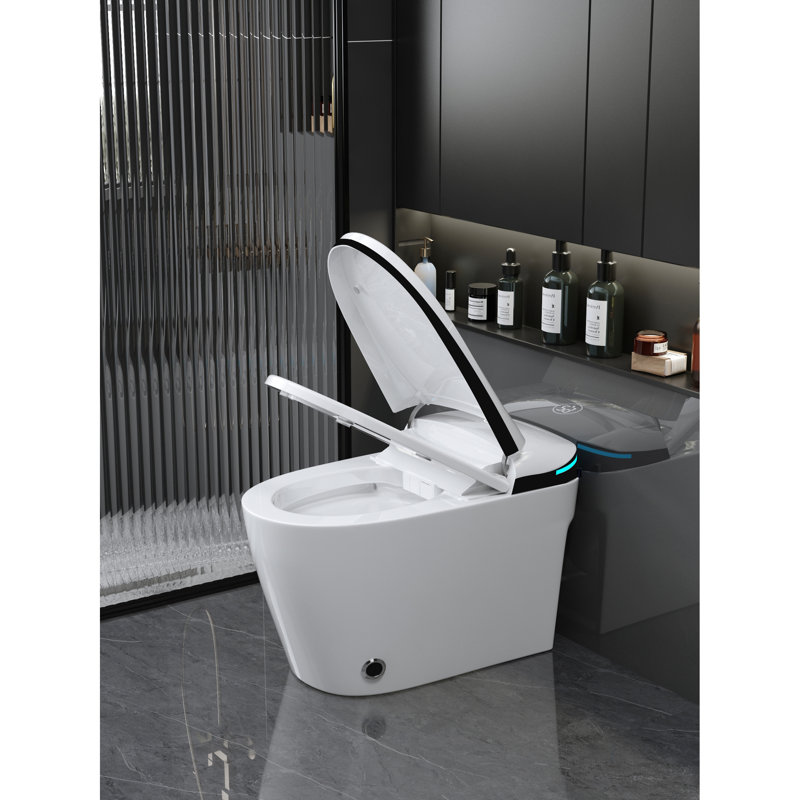 Toilette de luxe avec siège de bidet - ouverture / fermeture automatique, capteur de pied, séchage à l'air chaud, nuit, siège en porcelaine blanche à ouverture / fermeture intelligente, chasse d'eau, porcelaine, réglage de la température chauffée
