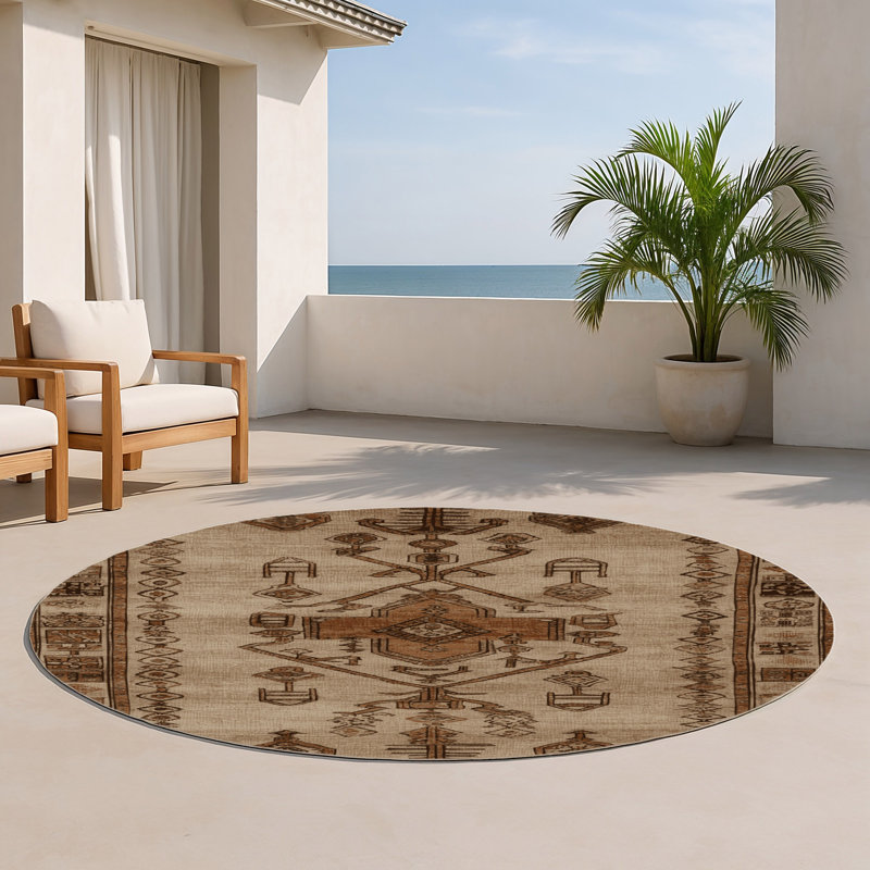Tapis turc intérieur / extérieur beige, Rond 5 pi