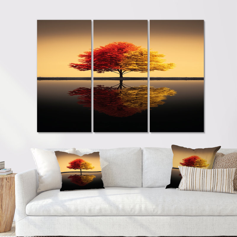 Arbre rouge et jaune dans un lac tranquille - ensemble d'art mural chêne, H 28 po x l 36 po x P 1 po, Encadrement argenté