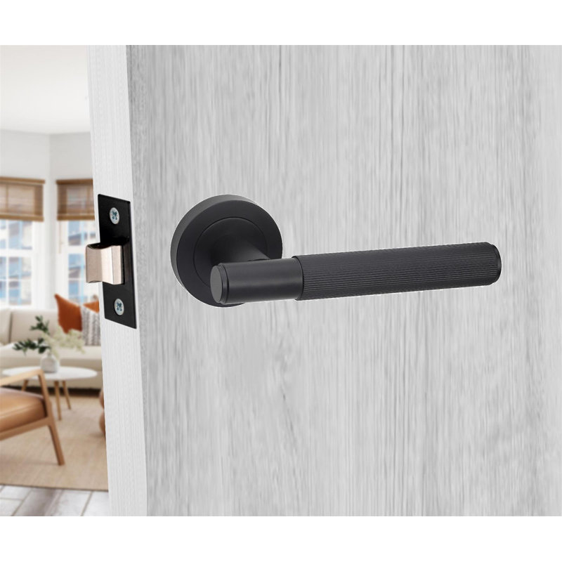  1 Set Linear T-Bar Euro Lock Door Handle Set in Matt Black Finish with Thumbturn Key and Ball Bearing Hinges