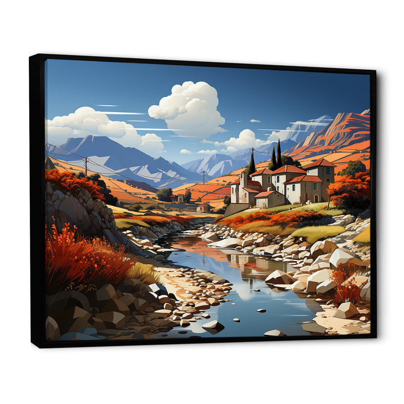 Paysage méditerranéen audacieux sur toile, Cadre doré simple, H 24 po x l 32 po x P 1 po