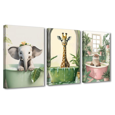Kids Animal Bathroom Wall Art - 3Pcs Funny Posters (White, 16" X 24")