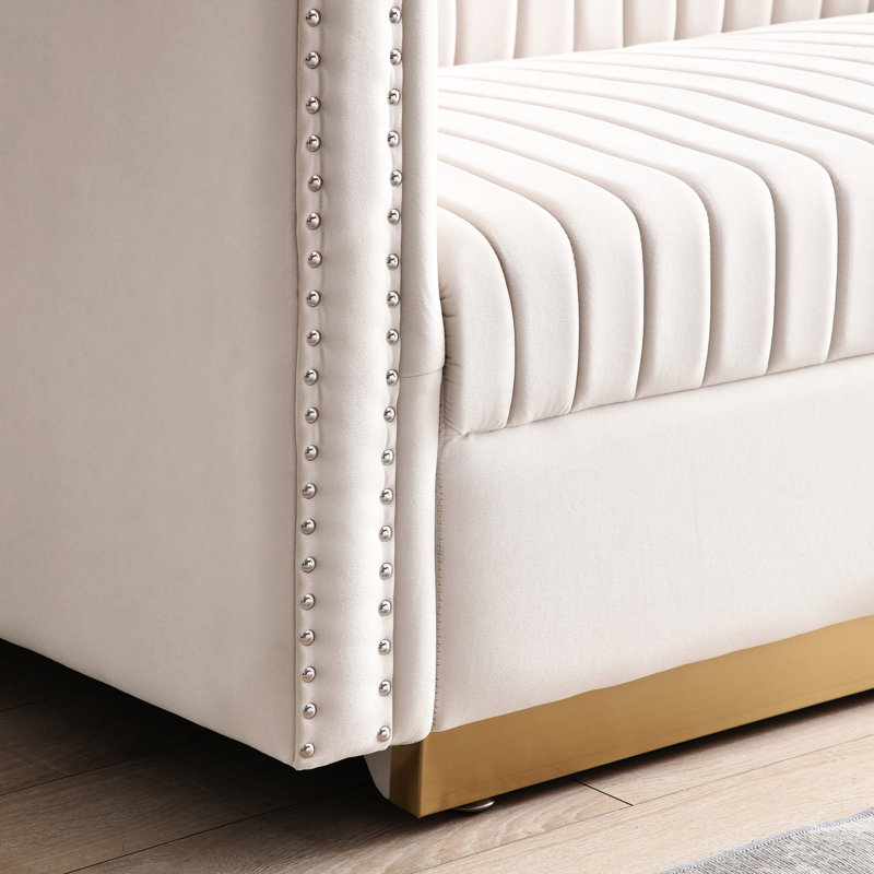 Canapé en velours de salon moderne, beige avec capitonnage à canaux verticaux et acier inoxydable, canapé 3 2 coussins pour la décoration intérieure - 3 coussins de siège, capitonnage intérieur, atmosphère élégante