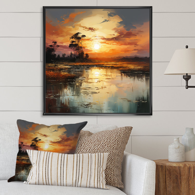 By The Lake Sunrise Reflections 1 - Lake, art mural, Cadre flottant noir, H 30 po x l 30 po x P 1,5 po