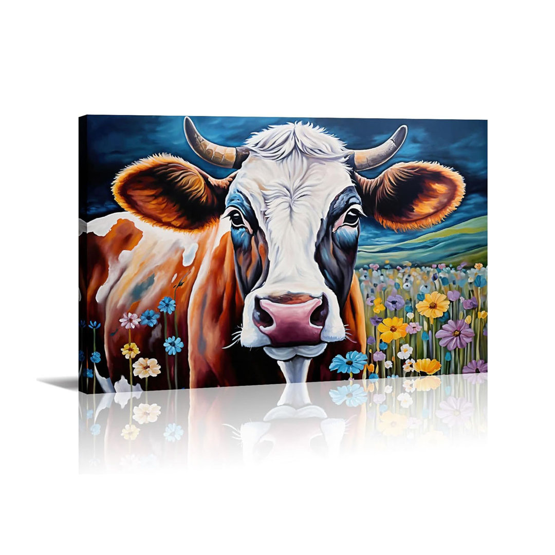 Cow Canvas Wall Art Cattle In Vibrant Meadow Flowers Picture Print Abstract Colorful Oil Painting Modern Artwork For Home Living Room Bedroom Bathroom