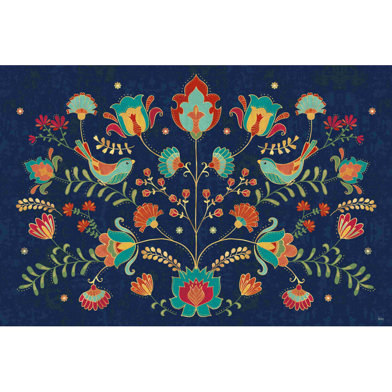 Folk floral I foncé, H 32 po x l 48 po, Papier avec cadre blanc, Oui