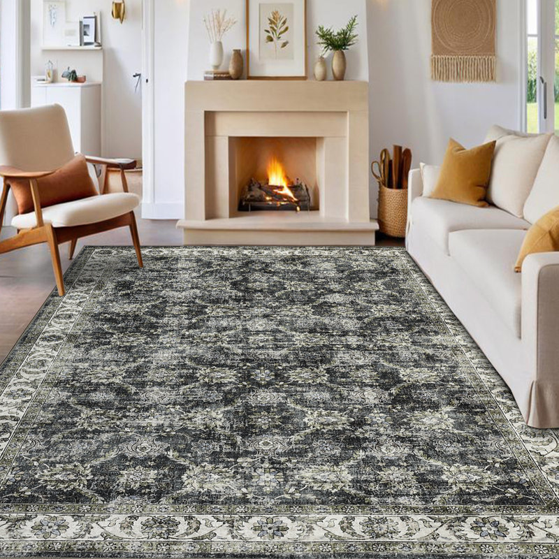 Vintage Area Rugs Floral Print Floor Carpet with Non-Slip Backing Oriental Distressed Indoor Mat Stain-Resistant Low Pile Accent Rug for Bedroom Kitchen Laundry