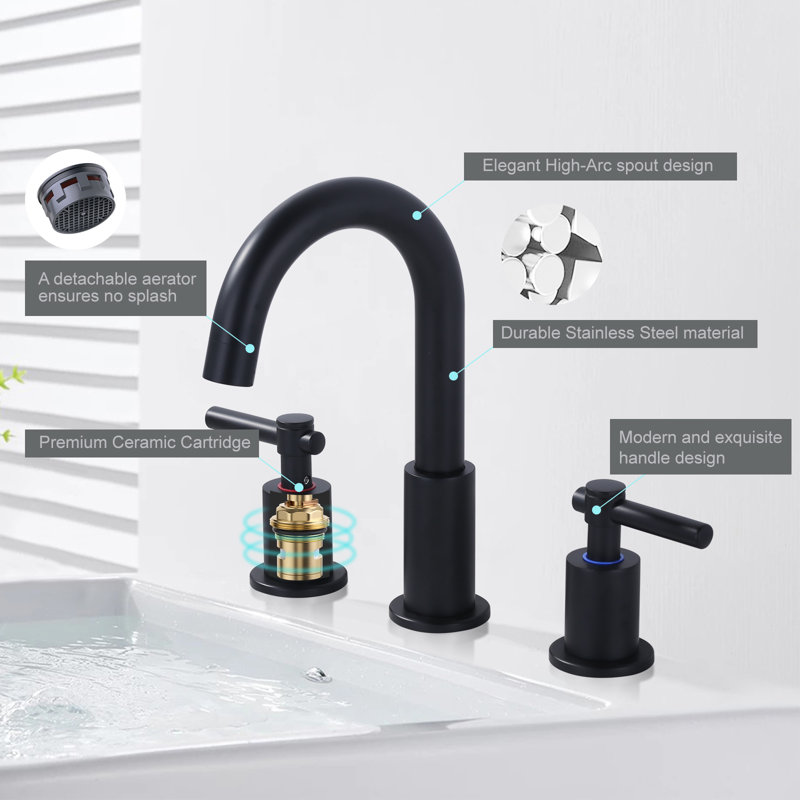 Matte Black Stainless Steel Widespread Bathroom Faucet with Pop-Up Drain