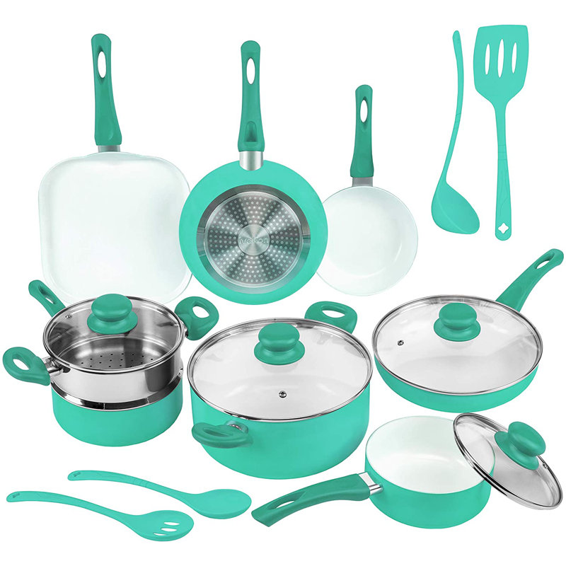 16 - Piece Non-Stick Ceramic Cookware Set, Turquoise
