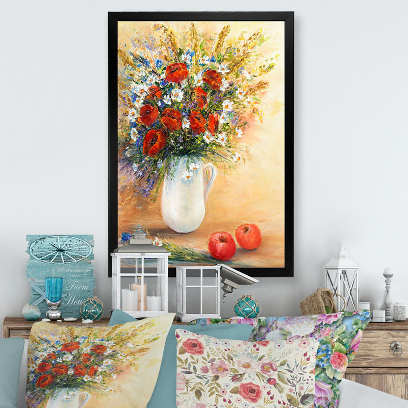 Bouquet de fleurs rouges et blanches - Illustration de toile traditionnelle, Cadre photo noir, H 12 po x l 8 po x P 1 po