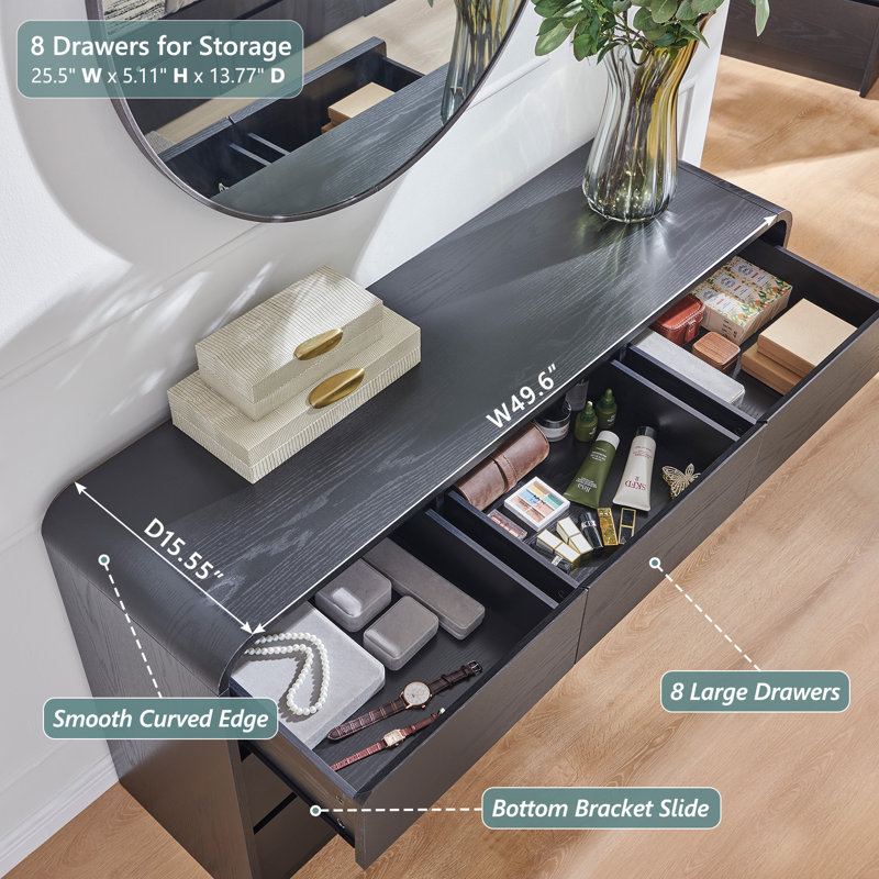Maud Modern 8 Drawers Dresser for Bedroom, 55" Wide Dressers & Chest of Drawers w/Curved Profile Design, Black