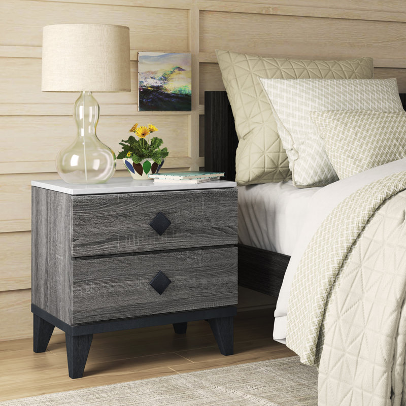 Micah Gray and White 2-Drawer Modern Nightstand with Marble Top