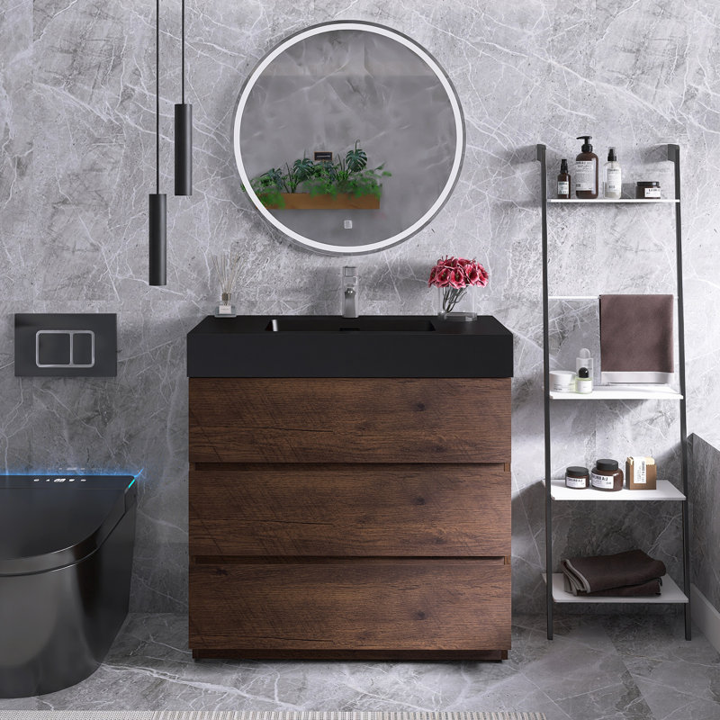 Meuble-lavabo simple autoportant 36 po avec plateau Angelinna, Noyer, Noir