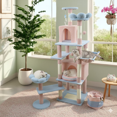 71-Inch Floral Cat Tree, Includes Large Condo, Detachable Flower-Themed Cushion, and Hammock, Blue