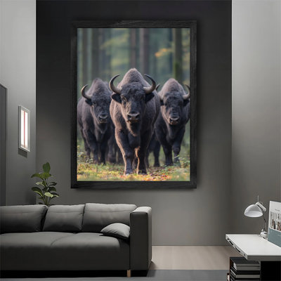 Art mural moderne moderne dans un cadre en bois noir Troupeau de bisons idéal pour le salon, la chambre, le bureau ou le couloir