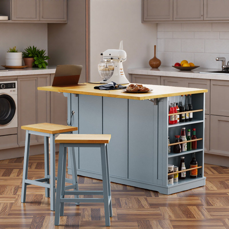 Kitchen Island With 2 Bar Stools, Power Outlet, 5 Wheels, Drop Leaf And Drawers, Gray Blue