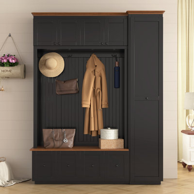 Timberline Hall Tree with Bench and Storage Featuring Cabinets, Drawers, and Coat Rack