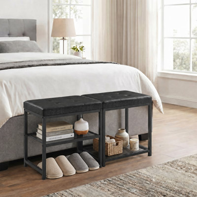 Ensemble de 2 petits bancs de rangement pour chaussures avec coussin en cuir de polyuréthane, étagère à chaussures à 3 niveaux pour le vestibule, tablettes en maille métallique, peut supporter jusqu'à 300 lb, noir