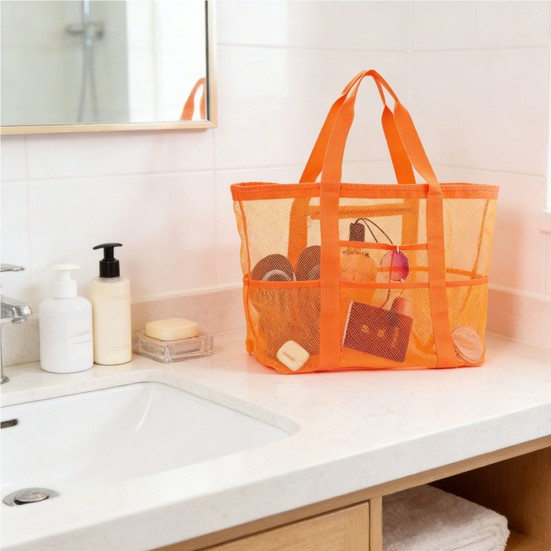 1Pcs Large Mesh Beach Tote Bags for Sand Toys, Family Travel, Grocery, Reusable Shopping, Orange