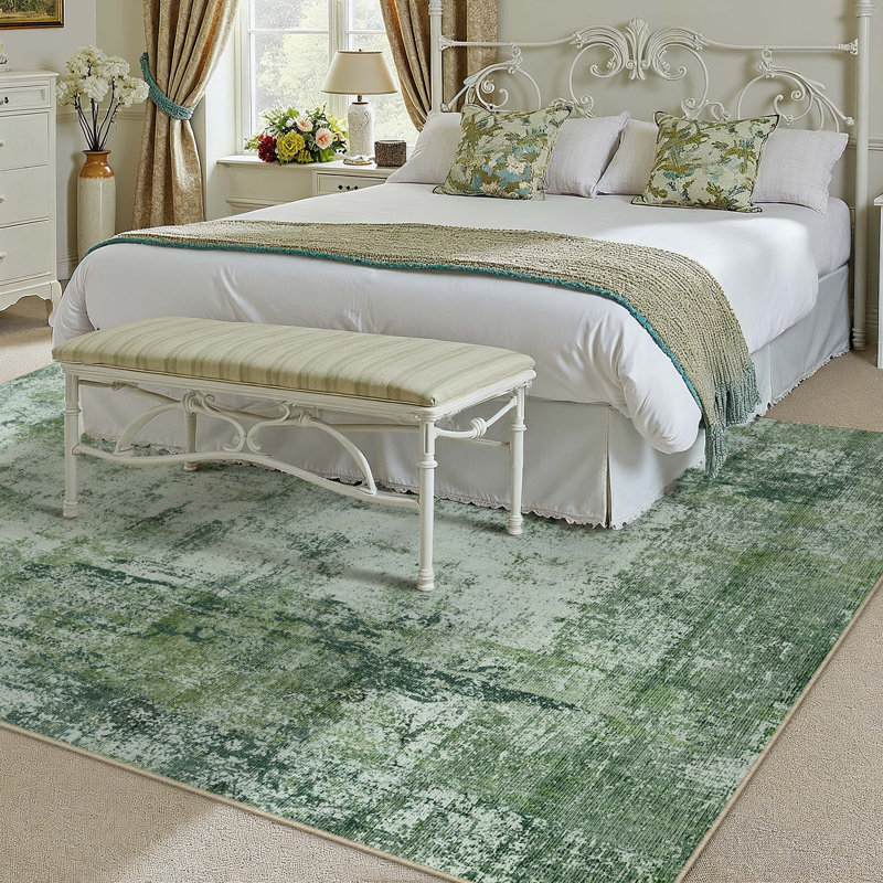Tapis moderne lavable abstrait vert foncé, Rectangulaire 8 pi x 10 pi, Vert foncé