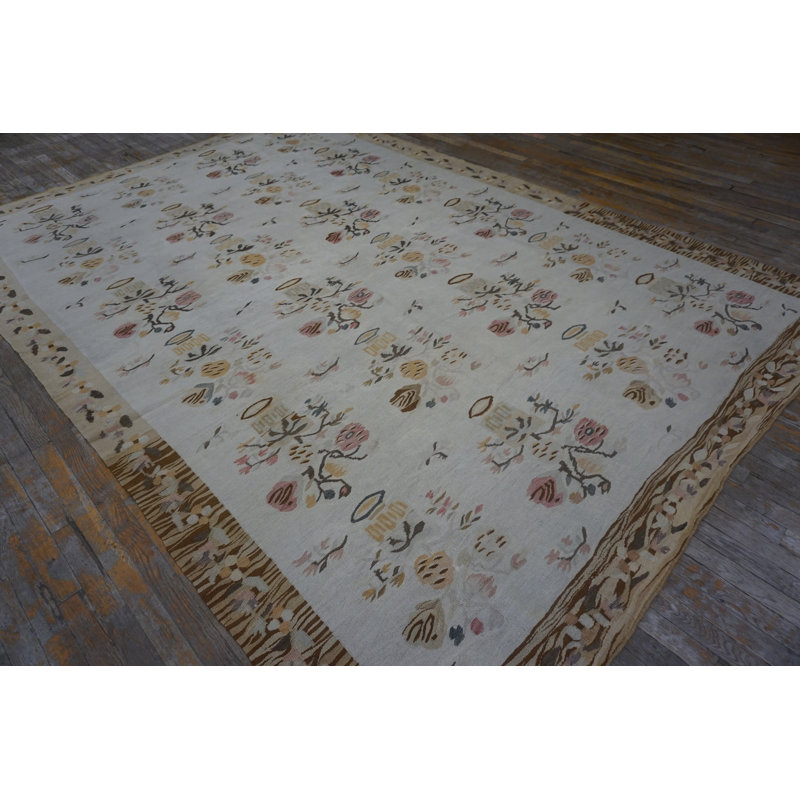 Room Size Antique Light Ivory Color Floral Flatwoven Bessarabian Kilim Rug