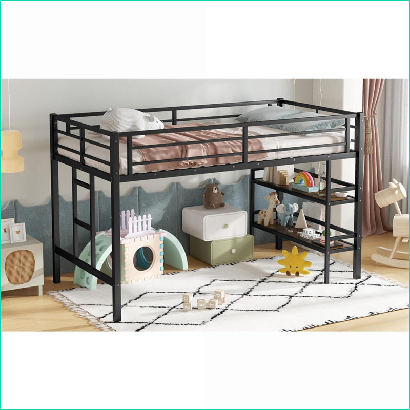 Twin Size Metal Loft Bed with Storage Shelf, Guardrails &amp; Ladder, Black for Compact Spaces