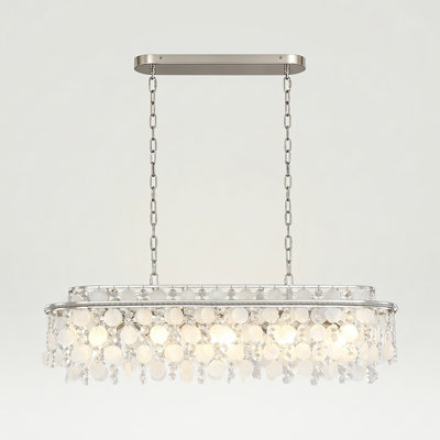 10-Light Polish Nickel Natural Capiz Shell Tiered Linear Chandelier for Kitchen Island Dining Room
