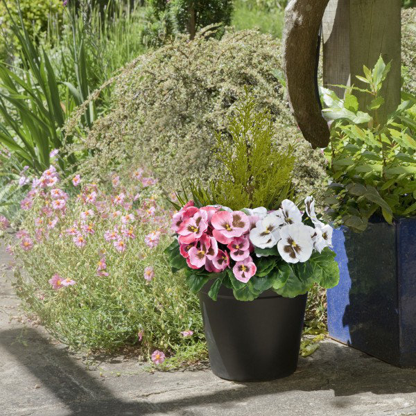 Artificial Faux Silk Pansies with Grasses/Conifer Topiary in a Terracotta Pot Patio Planter 60cm/23.5in