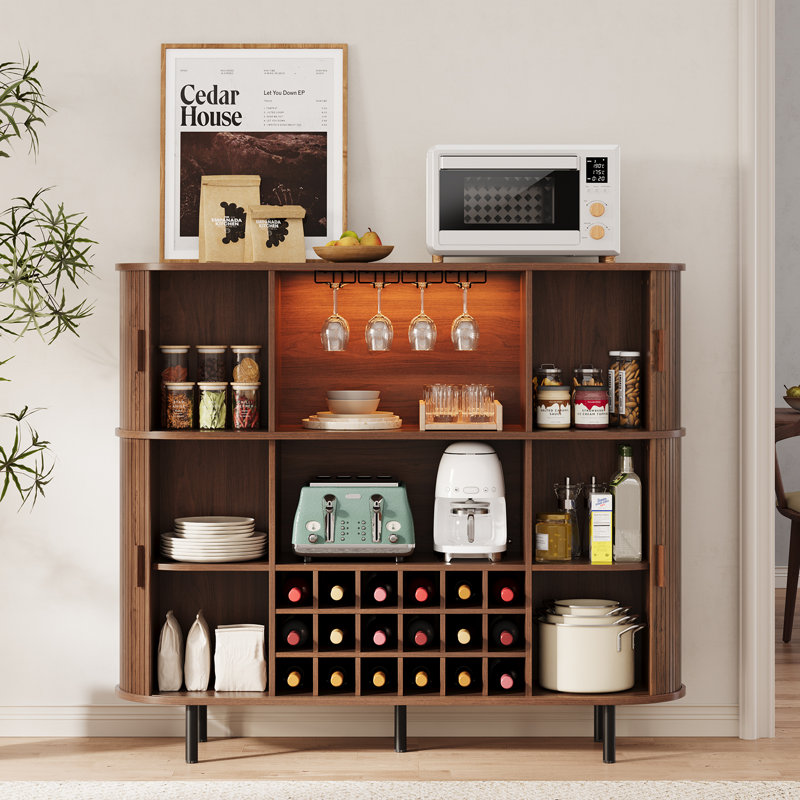 55.1'' Modern Home Bar With Table Power Outlet & RGB Lights, Wine Cabinet With Wine Glass Holder & Wine Rack, Walnut