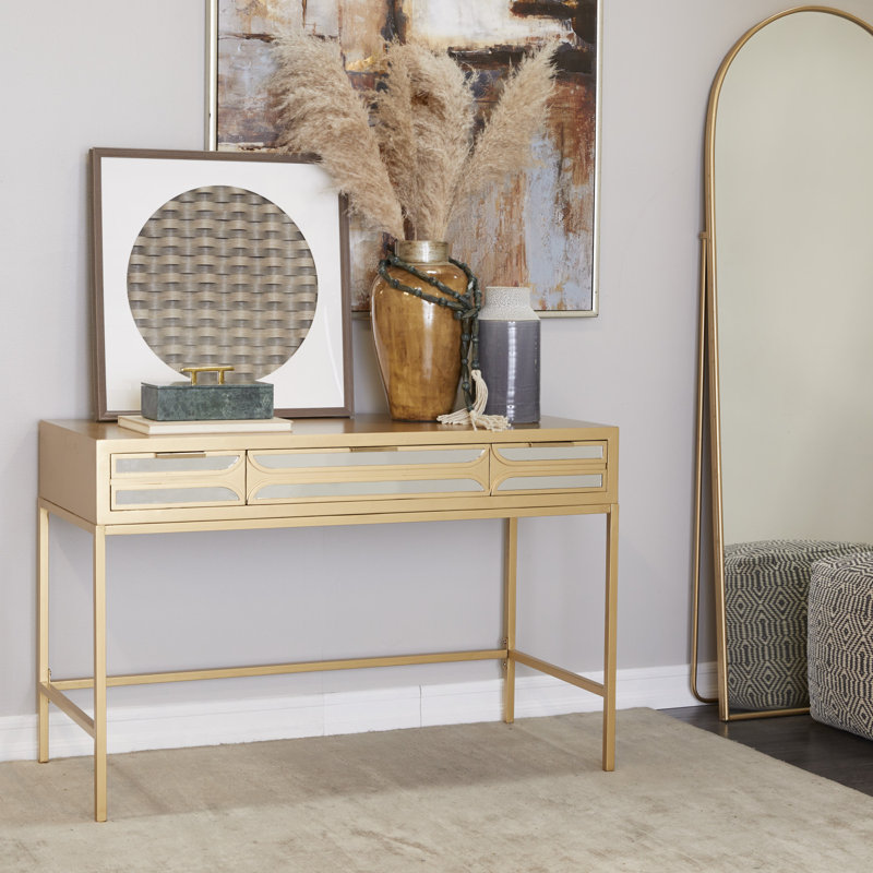 Bureau 3 tiroirs en bois avec façade en miroir et prise Thetisa, Or