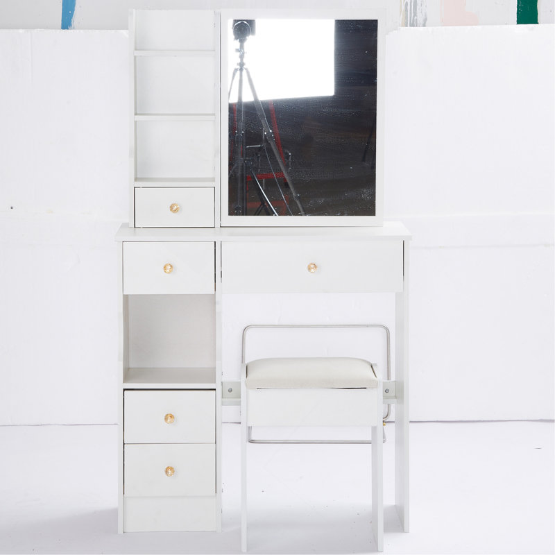Petit meuble-lavabo de 29,2 po avec tabouret de bureau et tabouret rembourré, très grand miroir coulissant à droite, rangement multi-couches à grande capacité, commode pratique et pratique, convient aux petits espaces
