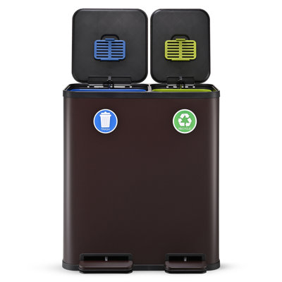 Simpli-Magic 18.5 Gallon (40L x 30L) Dual Compartment Step Trash Can – Kitchen Garbage Can with Waste & Recycling Bins – Slow-Close Lid, Odor Control, Hands-Free, Brown