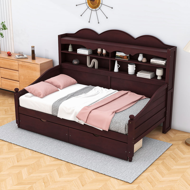Wooden Daybed with Storage Shelving and 2 Drawers, Espresso