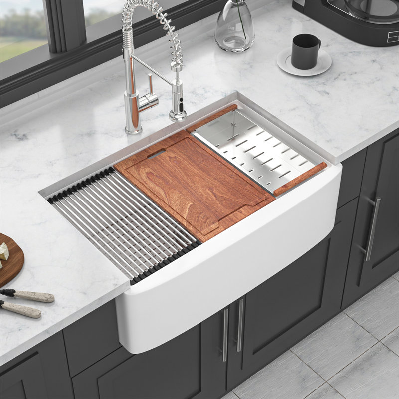 White Farmhouse Sink Workstation - 33 X 21 X 10 Inch White Porcelain Ceramic Single Bowl Farm Kitchen Sink