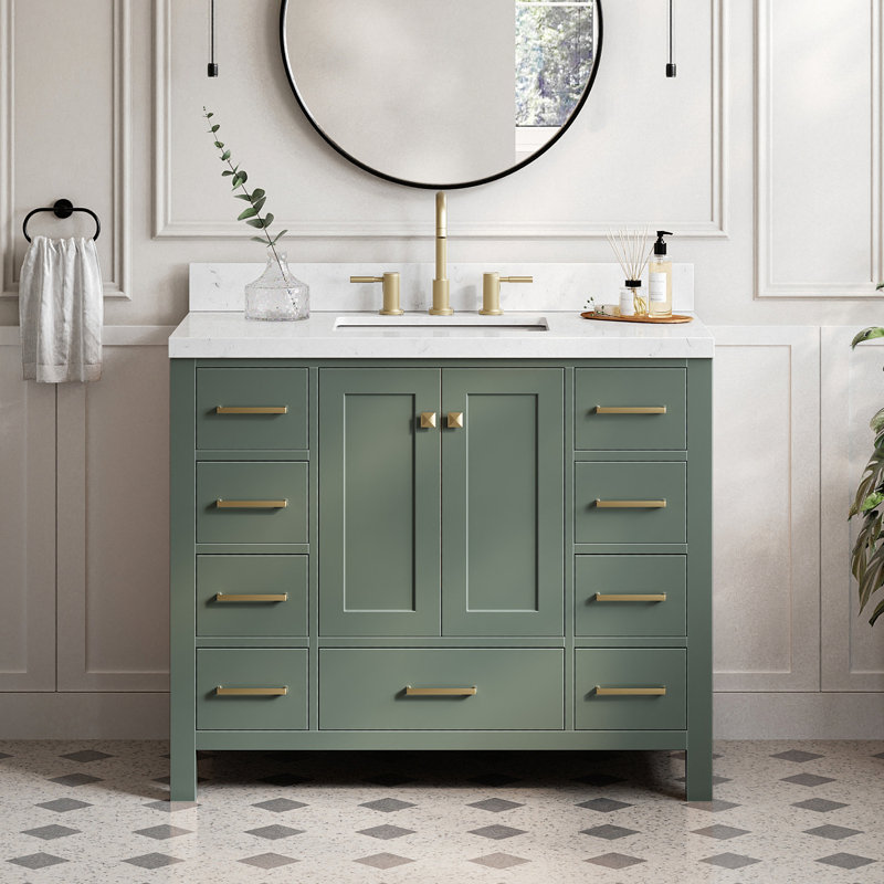 Meuble-lavabo simple avec plateau en marbre de Carrare Cambridge, Vert rétro / laiton satiné, Rectangular