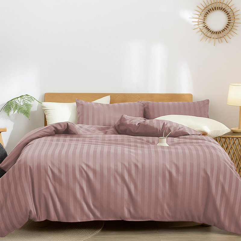 Microfiber Striped Duvet Cover Set with Matching Pillowcases & Fitted Sheet, Peach Striped