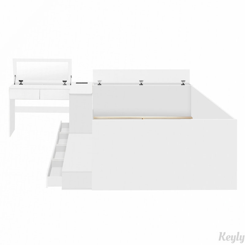 Lit plateforme en bois avec 6 tiroirs, tablettes et coiffeuse, Blanc