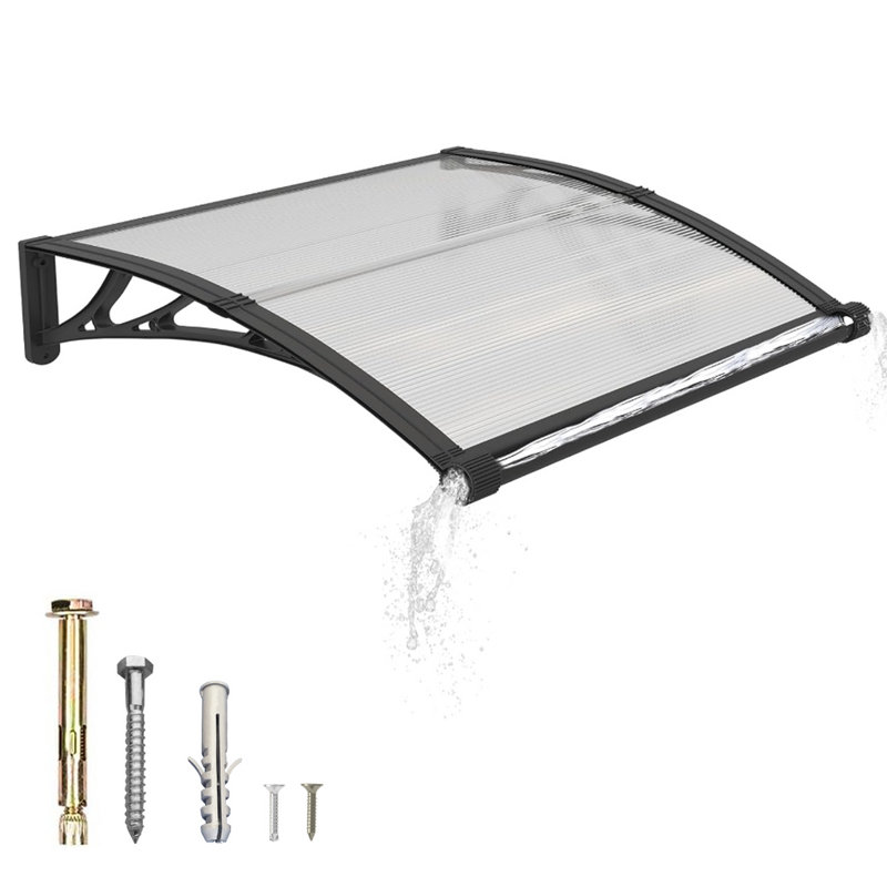 Window Awning Door Canopy Polycarbonate Panel with Large Drainage Grooves  Bracket Outdoor Patio Shelter, Brown/Black