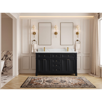 Jenniferlynn X P 22 po Meuble-lavabo double en D noir avec bordure Calacatta