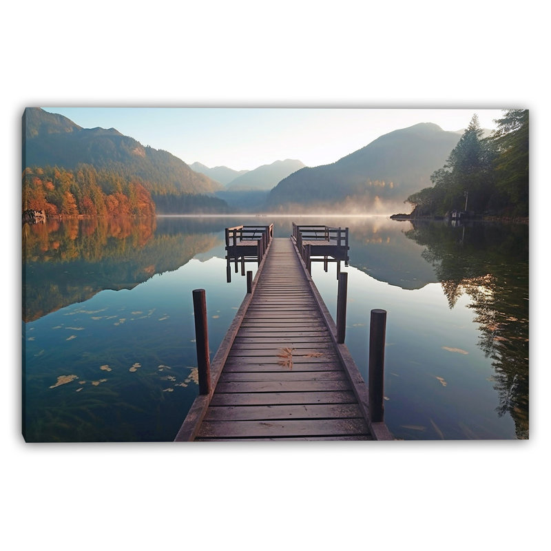 Morning Mist Lakeside Pier Wrapped Canvas Wall Art, 12" H x 16" W