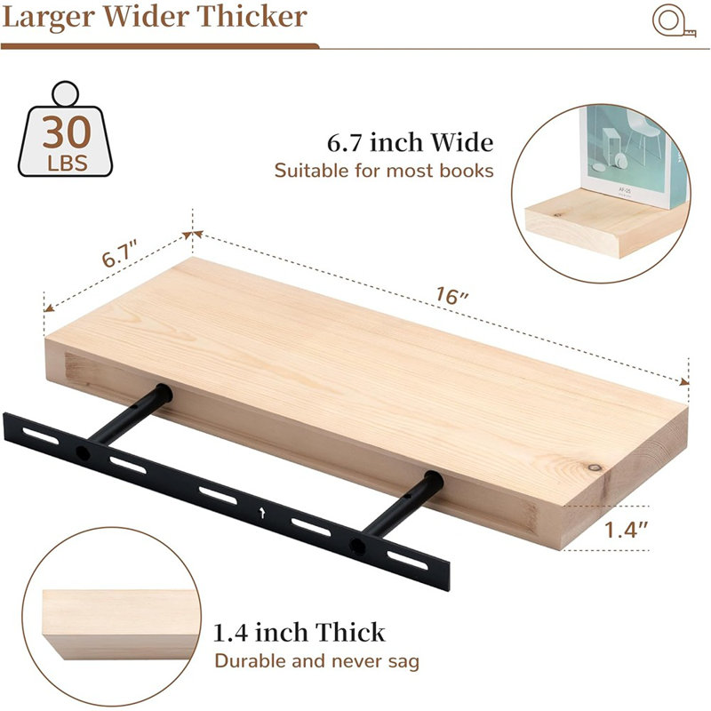 Natural Wood Floating Shelves, Small Floating Shelves For Wall 16 Inch Set Of 2, Solid Wood Floating Shelves Unfinished, Raw Wood Shelves For Bathroom Living Room Kitchen Bedroom - Unfinished