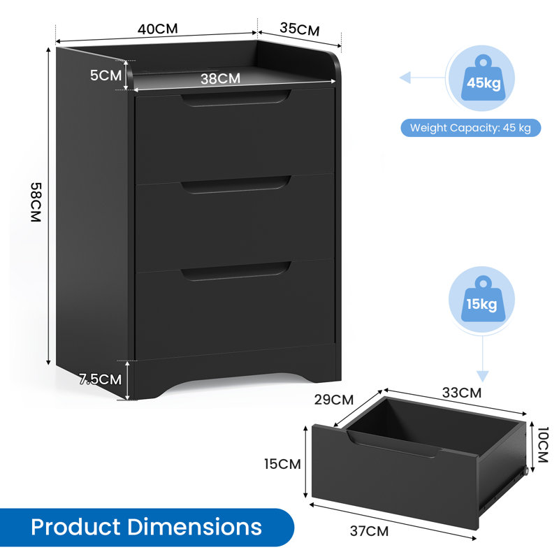 3 Drawer Bedside Table with Charging Station, Bedside Cabinet with Spacious Tabletop, 2 AC Sockets, 1 USB-A & 1 USB-C Port, 35cm W Bedside Table