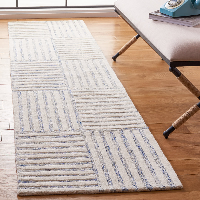 Tapis rayé bleu / ivoire en laine touffetée à la main Asgari, Tapis de couloir 2 pi 3 po x 9 pi