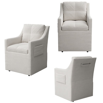 White Linen Upholstered Dining Chair With Side Pocket And Casters, Set Of 3
