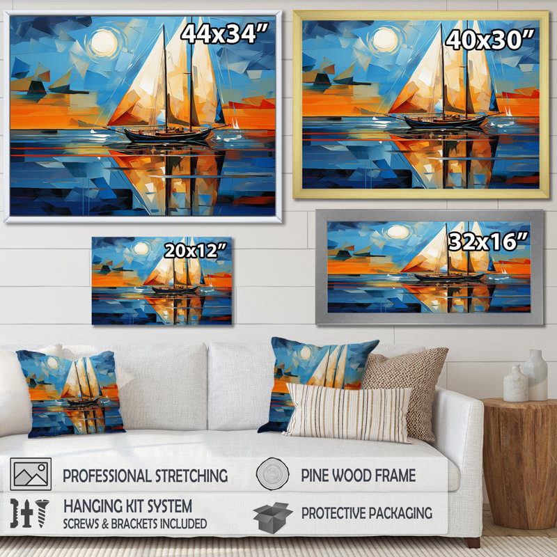 Sailboat Abstract Maritime II - Sailing Boat Canvas Art Print, Cadre simple argenté, H 16 po x l 32 po x P 1 po